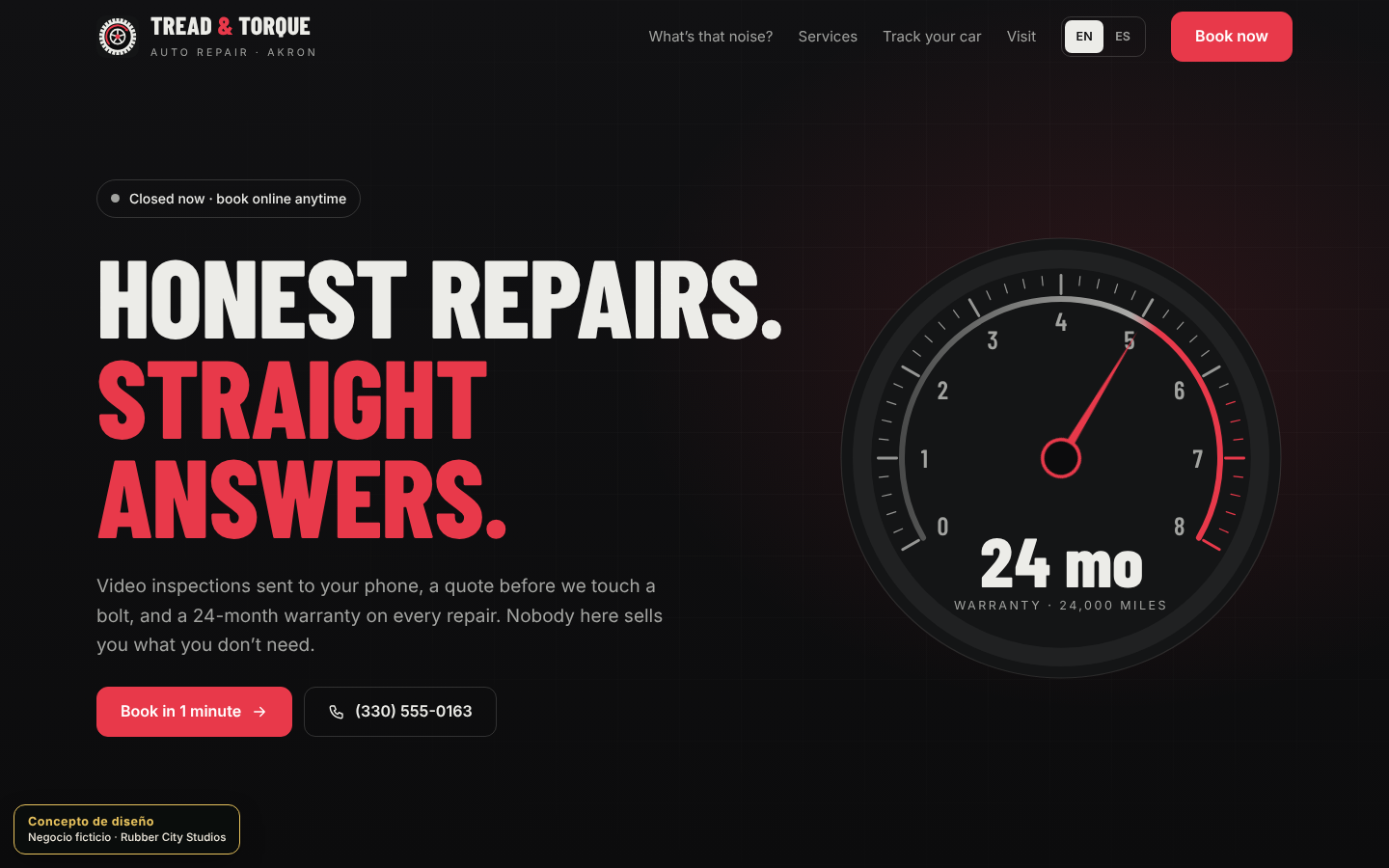 Portada del concepto Tread & Torque Auto Repair en computadora